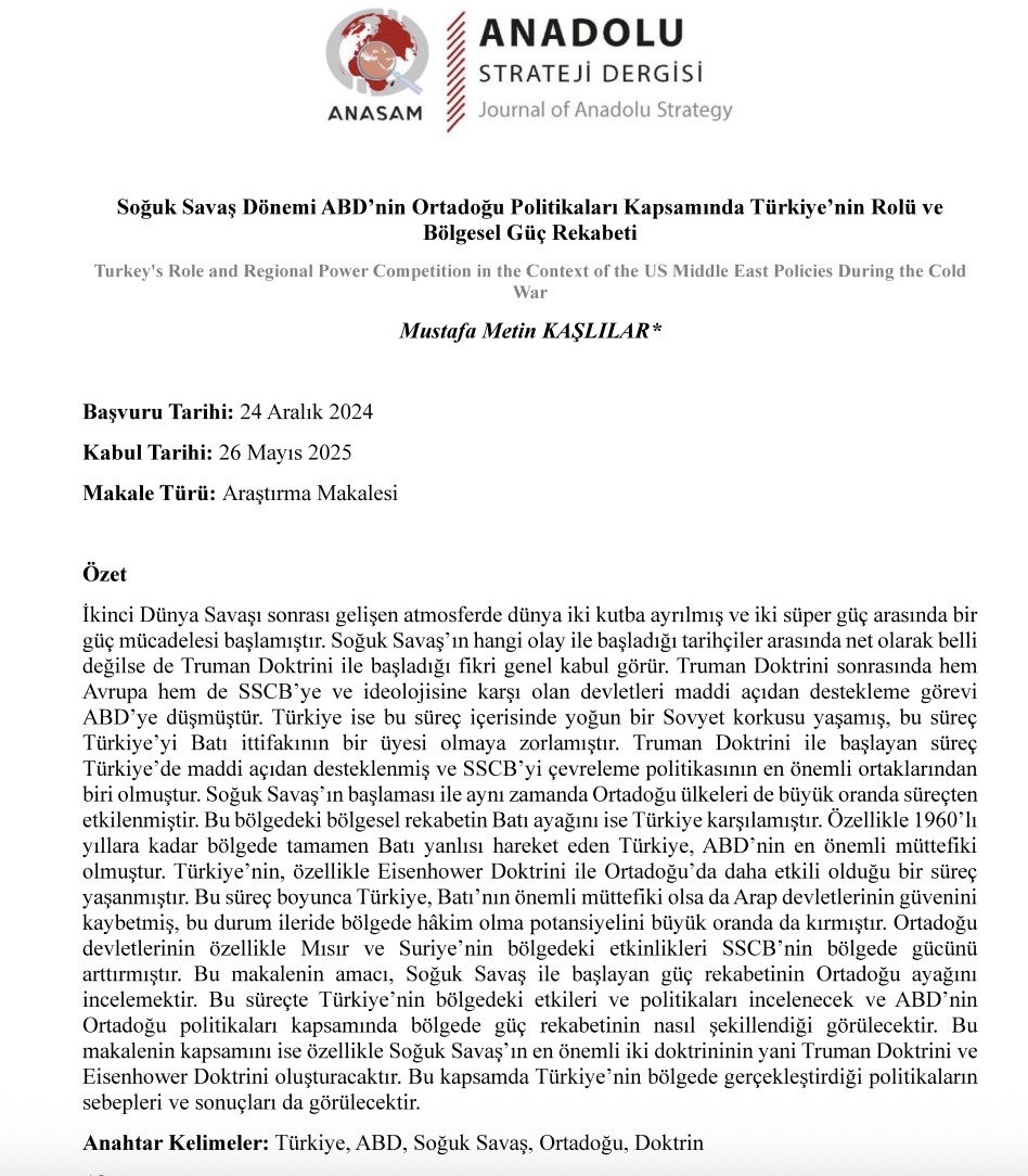 TUDPAM Başkanı Yardımcısı Kaşlılar’ın Makalesi Anadolu Strateji Dergisi’nde Yayınlandı